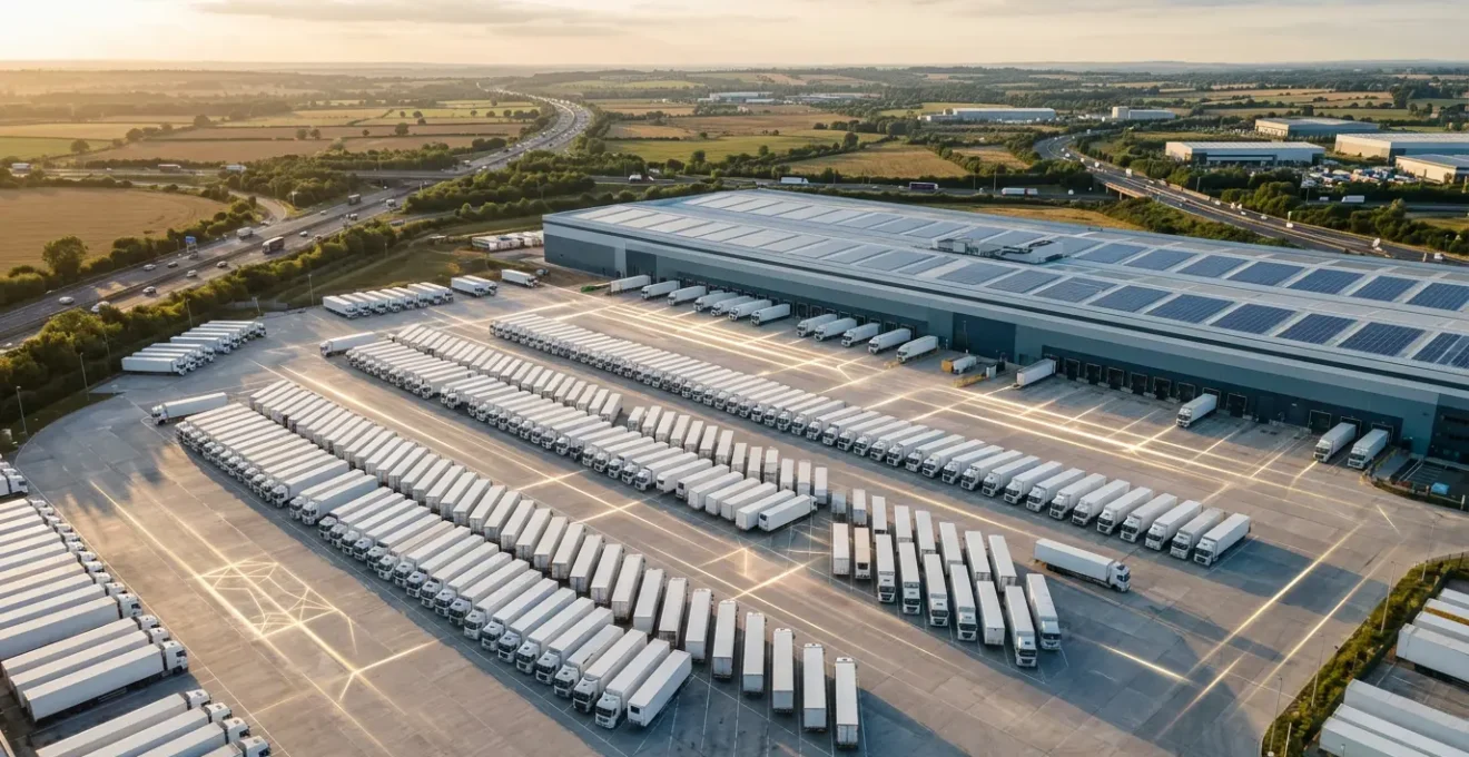 Aerial view of UK logistics hub with connected vehicles and IoT sensor networks