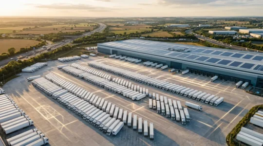 Aerial view of UK logistics hub with connected vehicles and IoT sensor networks