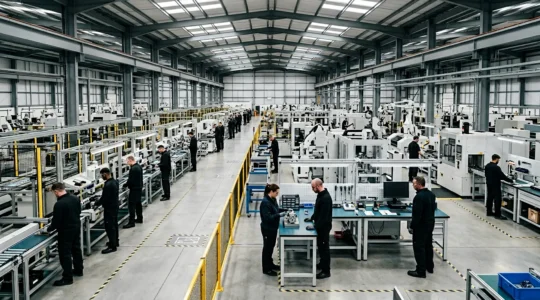 UK manufacturing facility showcasing ISO quality management implementation with workers and modern production equipment