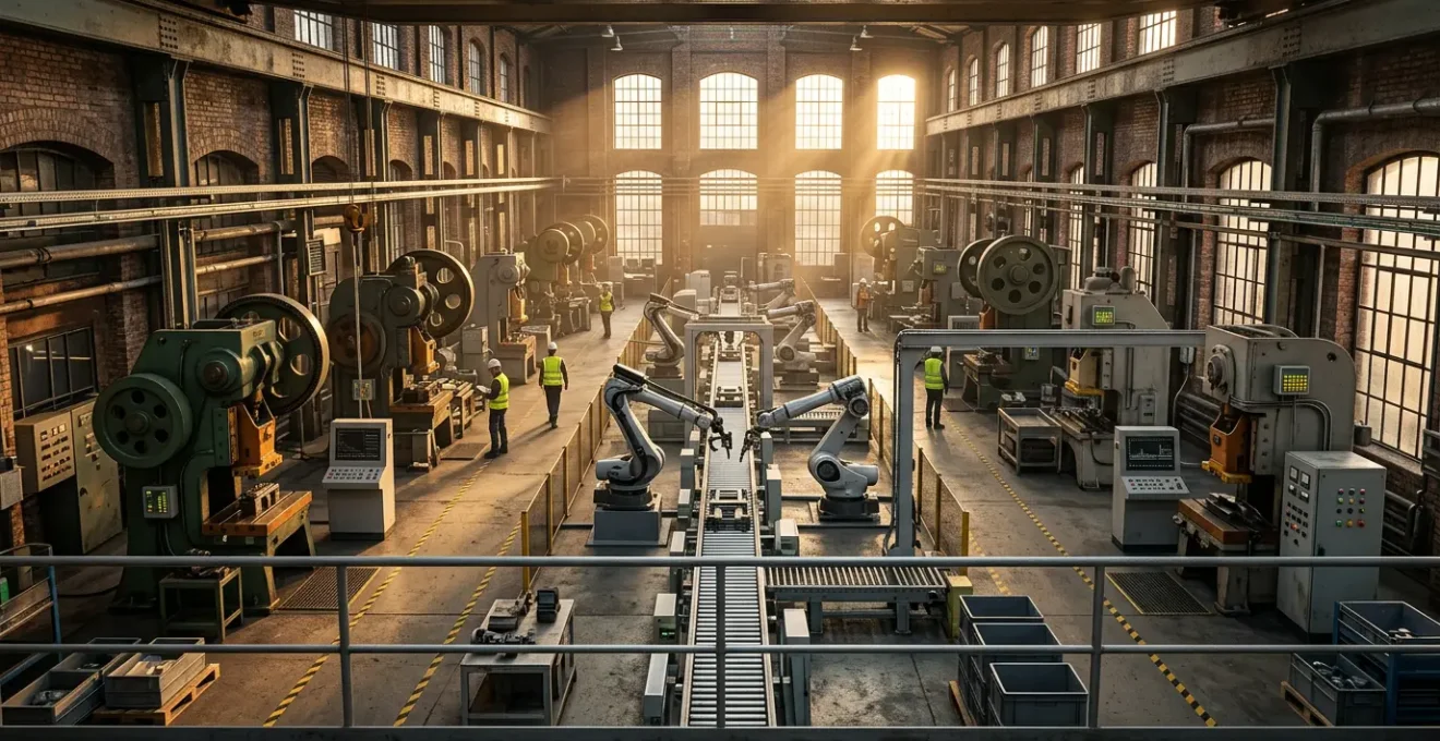 Modern UK manufacturing facility showcasing the integration of legacy equipment with advanced automation and digital systems