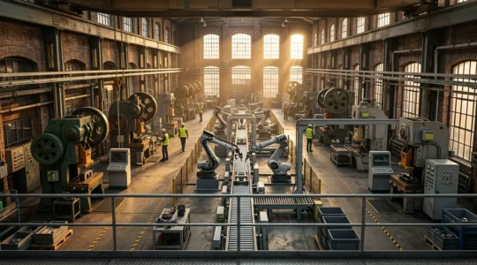 Modern UK manufacturing facility showcasing the integration of legacy equipment with advanced automation and digital systems