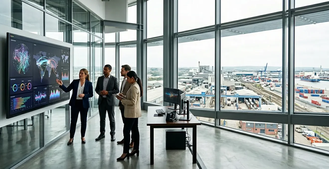UK manufacturing executives analyzing global supply chain data in modern control room