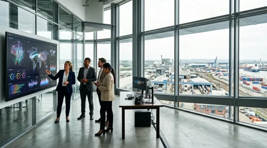 UK manufacturing executives analyzing global supply chain data in modern control room