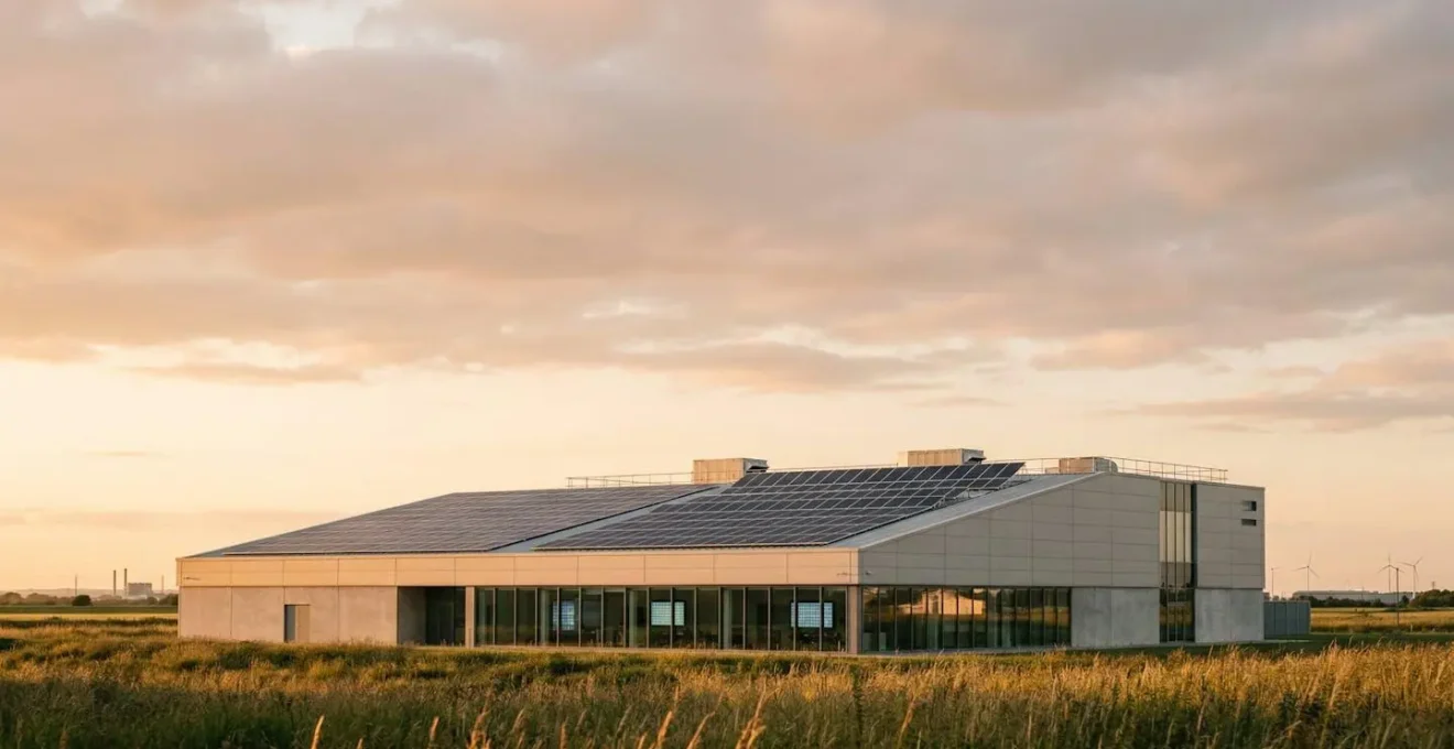 Modern UK manufacturing facility with digital ESG dashboards and renewable energy integration