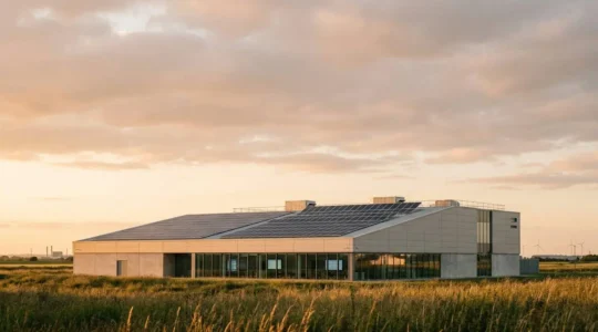 Modern UK manufacturing facility with digital ESG dashboards and renewable energy integration