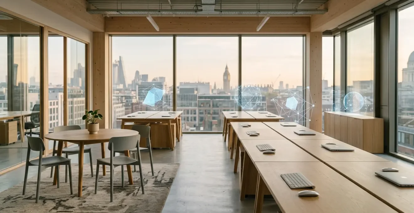 Modern UK office workspace showcasing cloud technology enabling remote team collaboration