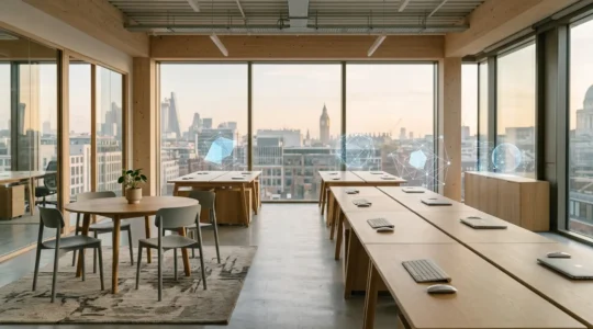 Modern UK office workspace showcasing cloud technology enabling remote team collaboration