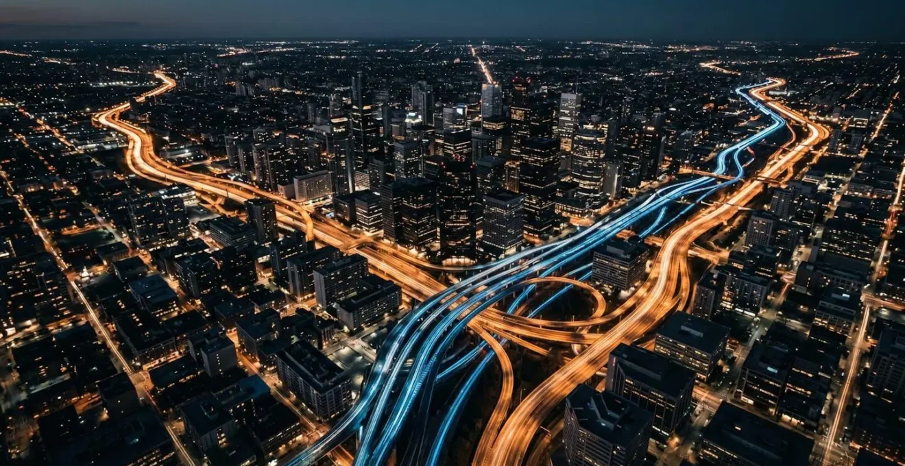 Wide aerial view of city transportation networks with abstract light trails showing commuter movement patterns