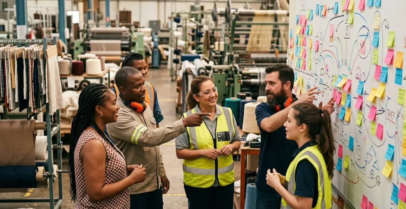 Human perspective of workers conducting value stream mapping session in textile facility
