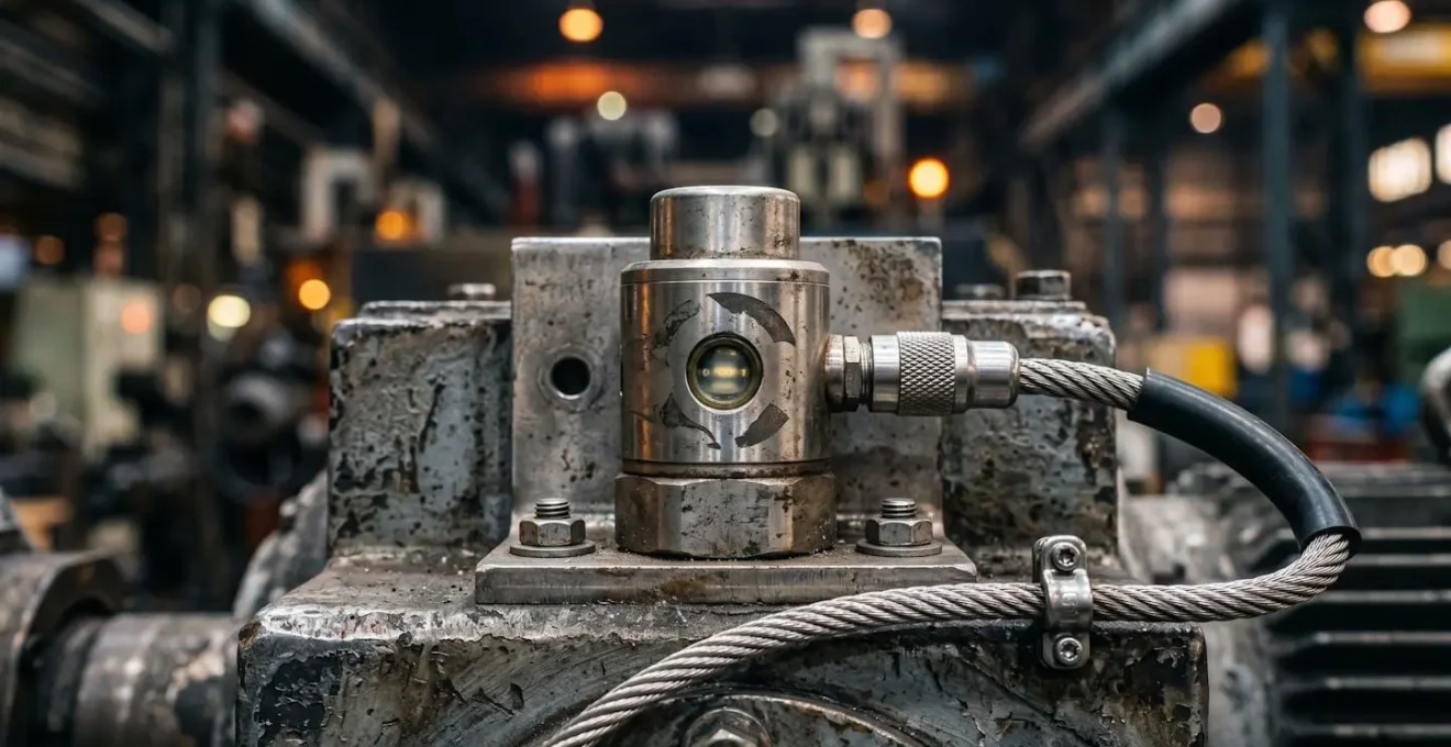 Close-up view of vibration sensor installation on industrial machinery