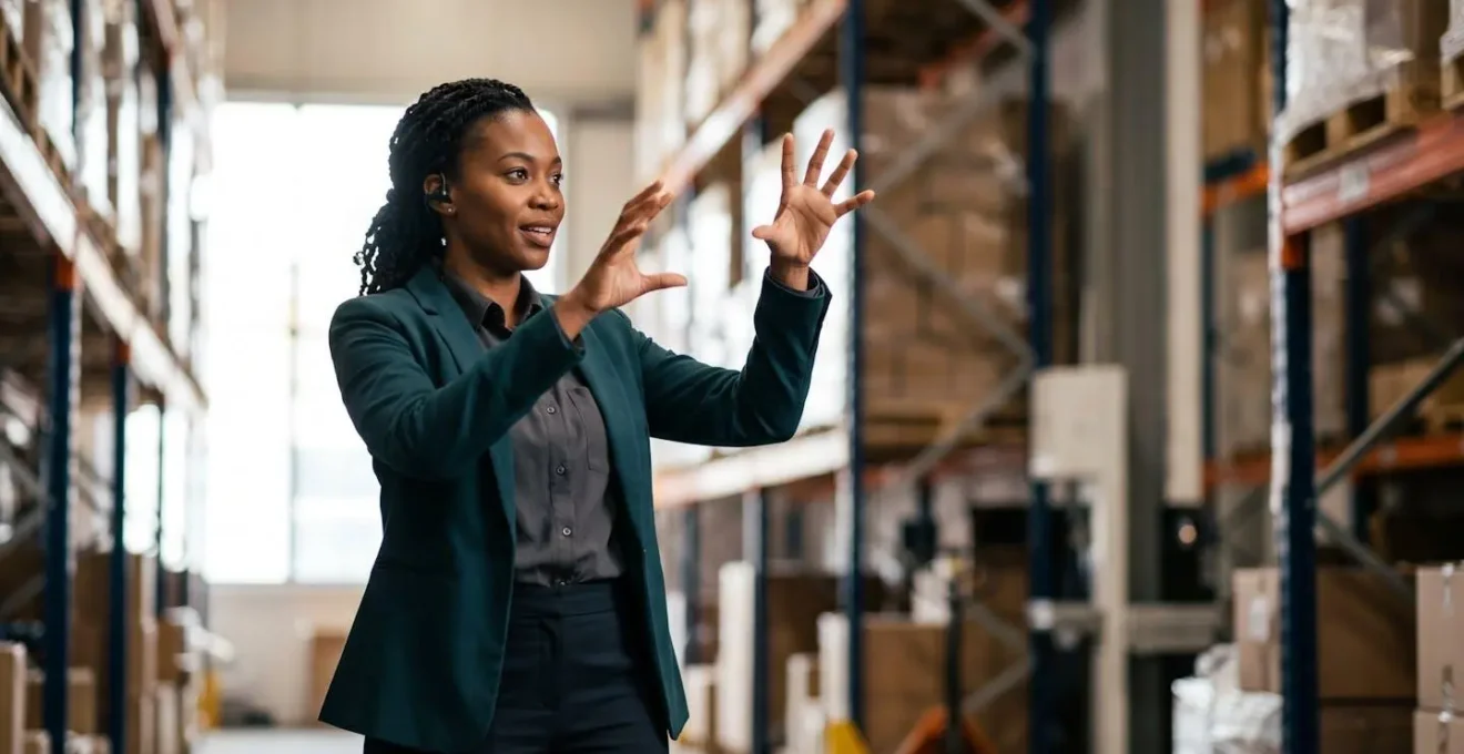 Human logistics manager analyzing holographic trend projections in a minimalist warehouse setting