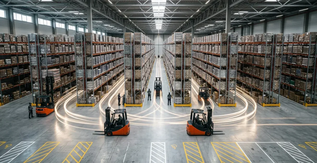 Aerial view of a logistics warehouse with forklift movement patterns visualized as light trails