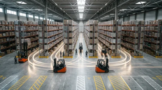 Aerial view of a logistics warehouse with forklift movement patterns visualized as light trails
