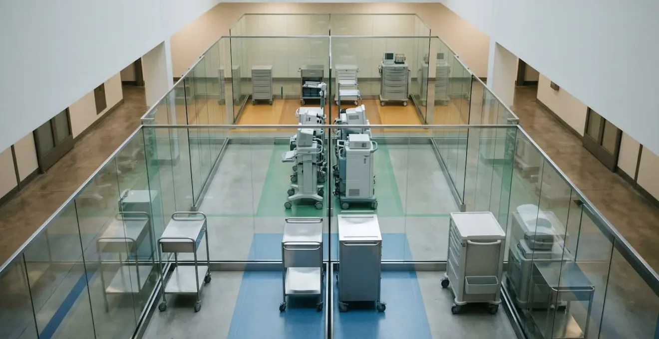 Abstract representation of network segmentation protecting medical equipment through isolated security zones